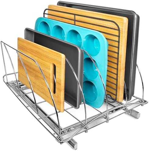 LYNK PROFESSIONAL® Pull Out Cookie Sheet Organizer for Cabinet – Baking Sheet Organizer – Sheet Pan Organizer - Lifetime Ltd. Warranty – 10” x 21” Deep Inside Cabinet, Chrome