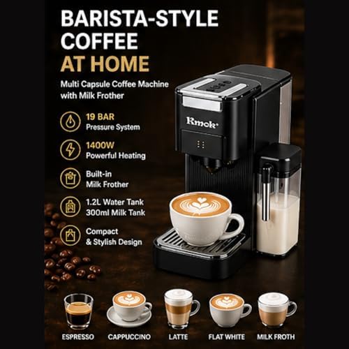 19 Bar Multi-Capsule Coffee Maker with Milk Frother | Compatible with Nespresso/K-Cup/E.S.E./DG, Adjustable Temp & Volume, 1.2L Water Tank