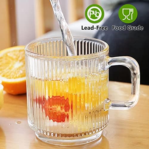 Qipecedm 6 PACK Premium Glass Coffee Mugs with Handle, 12 OZ Classic Vertical Stripes Glass Coffee Cups, Transparent Tea Cup for Hot/Cold Beverages