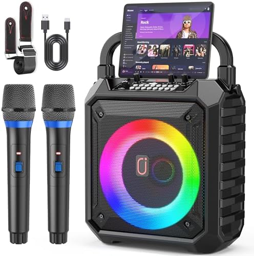 JYX Karaoke Machine for Adults & Kids with 2 Wireless Microphones, Portable Bluetooth Speaker with LED Lights, Supports USB/TF Card/AUX for Party