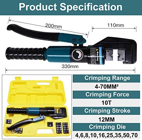 BLIKA 10 Ton Hydraulic Crimping Tool and Cable Cutter, Hydraulic Wire Battery Cable Lug Terminal Crimper Crimping Tool with 11 Dies