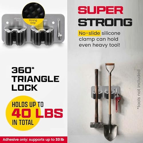 Wall Mount Hanger for Brooms & Mops - Adhesive Stainless Steel Mops & Broom Holder, 4 Clamps, 3 Hooks