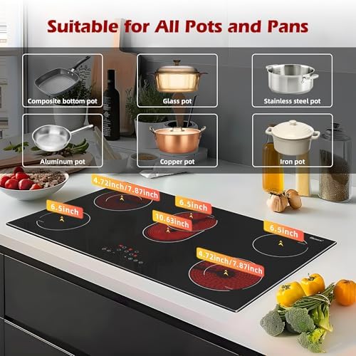 Electric Cooktop 36 Inch 5 Burners, 220~240V, Built in Electric Stove Top, 8400W Radiant Ceramic Cooktop with Hardwired, Touch Control, Child Lock
