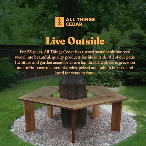 All Things Cedar 52 Inch Wood Tree Bench, 5 Sided Wrap Around Outdoor Seating, Natural