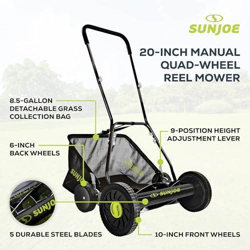 Sun Joe Manual Push Reel Lawn Mower with 6.6-Gal Grass Catcher, 16-Inch Cutting Width - Heavy-Duty Yard Trimmer Machine for Gardening Care and Maintenance, MJ500M