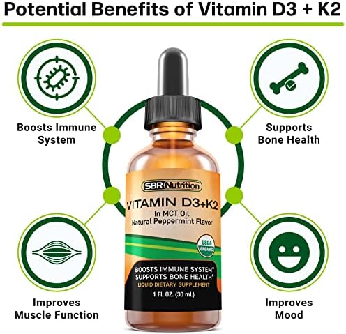 SBR Nutrition MAX Absorption, Vitamin D3 + K2 (MK-7) Liquid Drops with MCT Oil, Peppermint Flavor, Helps Support Strong Bones and Healthy Heart