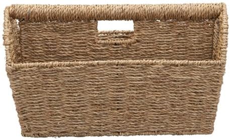 Household Essentials Wicker Magazine Rack, Handwoven Seagrass, Strong Metal Wire Frame, Built-In Handle and Divider, Lightweight, Contemporary, Great for Puzzle Books, Mail and More, Natural