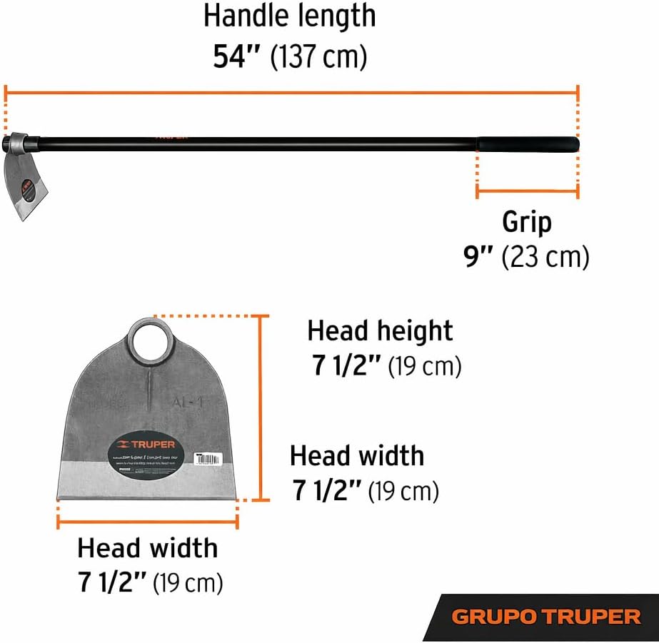 Truper Lane Hoe No. 1, 54-Inch Fiberglass Handle, 7 1/2-Inch x 7 1/2-Inch Forged Head, 1.8 lb Head Weight