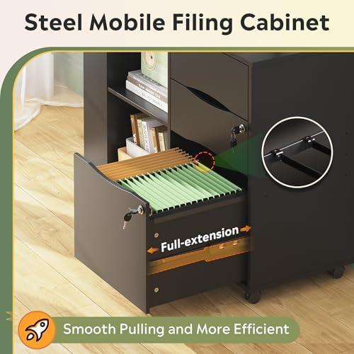 DEVAISE File Cabinet with Lock, Printer Stand with Charging Station Black | Lateral Mobile Filing Cabinets, Lock & Open Storage Shelves