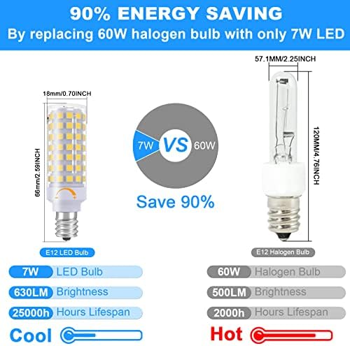 E12 LED Bulb Dimmable 7W Equivalent to 60W Halogen Bulb, Warm White 3000K T6 C7 E12 Candelabra Bulb 60 Watt for Ceiling Fan, Chandelier Lighting, AC120V Kx-2000 Bulbrite Replacement (6 Pack)