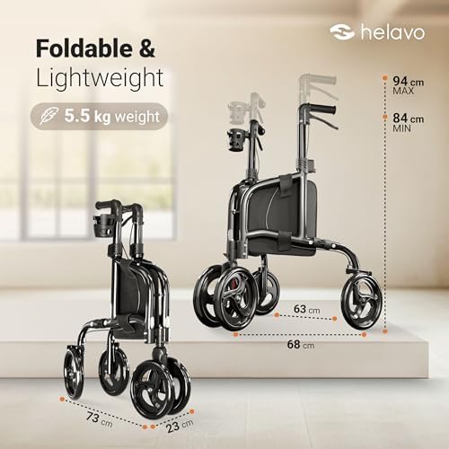 Helavo 3 Wheel Walker with Double Front Wheels, Narrow Walker for Seniors | Rollator Walker for Small Spaces, Easier Maneuverability, 26.8" Wide