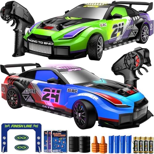 Geyiie 2 Pack RC Drift Cars for Kids, Complete 2-Player Racing Set | 1:24 Scale, LED Lights, 4 Batteries, Drift and Grip tires