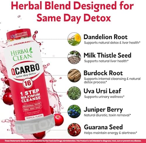 Herbal Clean Qcarbo16 Same-Day Detox Cleanse Drink (16 fl oz) - Tropical Flavor Full Body Cleanse* Detox Drink for Moderate Toxin Level*