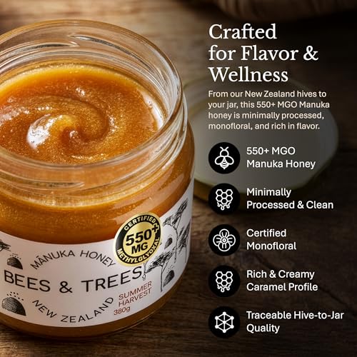 Bees & Trees Manuka Honey 550+ MGO - Raw Pure New Zealand Monofloral, 380g | Natural, Unpasteurized, Minimally Processed Mānuka Honey for Your Daily Routine, Tea, Coffee & Smoothies