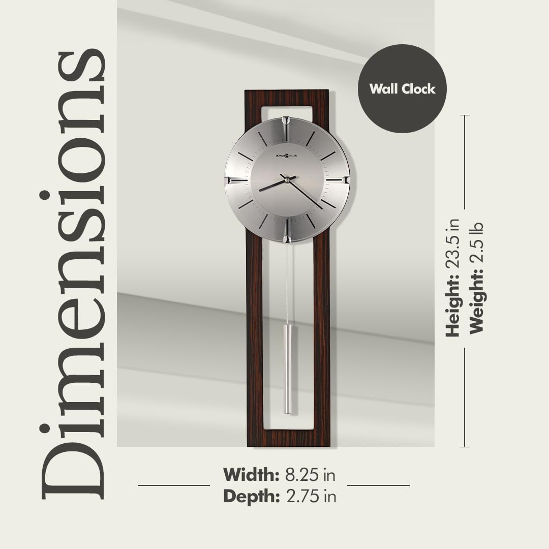 Howard Miller Mela Wall Clock with Pendulum | Wooden Frame, Silver Dial, Analog Quartz | Modern Minimalist Decor for Living Room, Office
