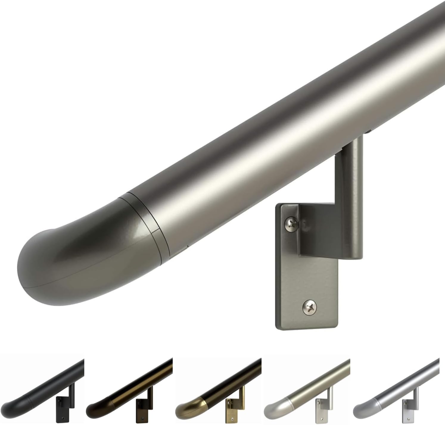 Promenaid Silver 5ft ADA Handrail Kit - Complete Indoor/Outdoor Stair Handrail - 1.6" Round Satin-Anodized Aluminum Railing with 3 Silver Painted