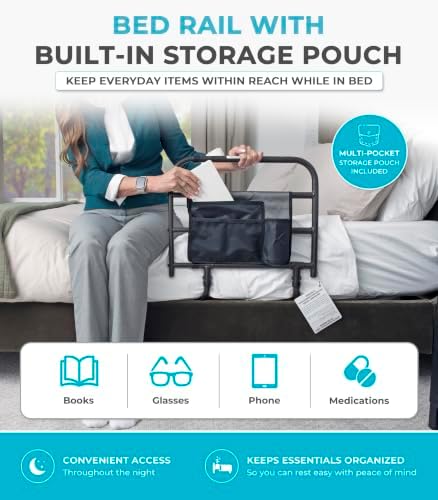 Stander EZ Adjust Bed Rail, Adjustable Senior Bedrail and Safety Assist Railing for Elderly Adults with Organizer Pouch