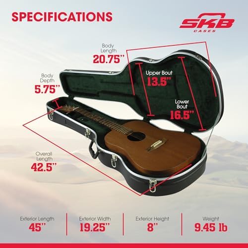 SKB Hardshell Travel Case for Dreadnought Acoustic Guitars, Molded In Bumpers for Protection, Plush Lined Interior and Latches