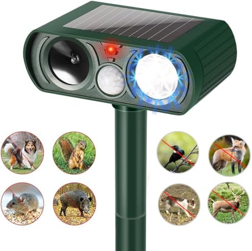 Animal Repellent Solar Powered Ultrasonic Animal Repellent Motion Sensor and Flashing Light Outdoor Weatherproof Farm Garden Lawn for Cat Dog Coyote
