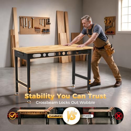 CAMMOO 48" Adjustable Workbench with 2000 LBS Load Capacity & Power Strip | ETL 4 Outlets 2 USB Ports, Level Height 28"-39", Carbon Steel Frame
