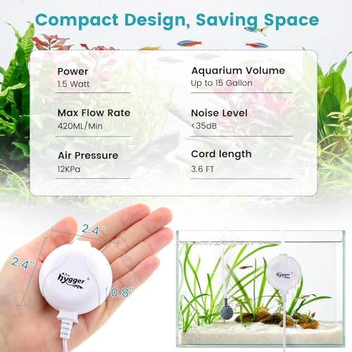 hygger Quiet Aquarium Air Pump 1.5 Watt Energy Saving Mini Oxygen Pump for 1-15 Gallon Fish Tank with Accessories White