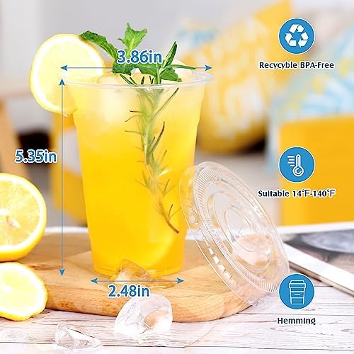 TashiBox Plastic Cups with Flat Lids 100 Sets 16 oz, Clear Crystal drink cups with lids