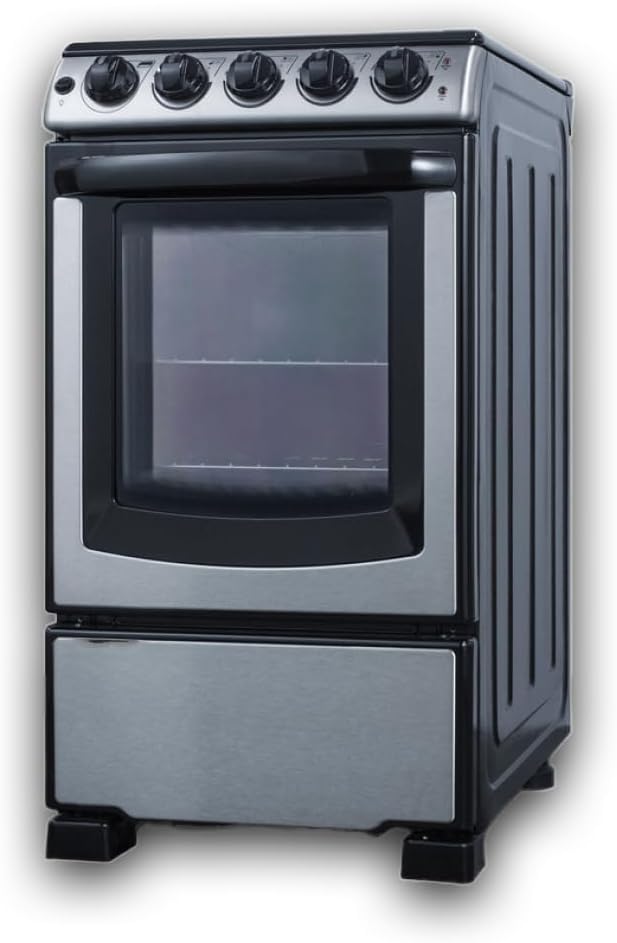 Summit 20” Electric Range, Stainless Steel and Black- REX2071SSRT | 2.3 cu.ft. Capacity Oven, Smooth Glass CookTop, 4 Burner Range, 220VOLT