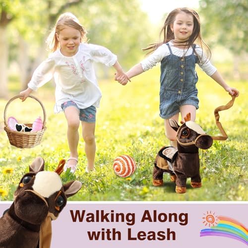 Marsjoy Walking Pony Toy Musical Singing Dancing Plush Interactive Pony Walk Along Horse with Leash Plush Stuffed Animal Shaking Head Buttocks Toy