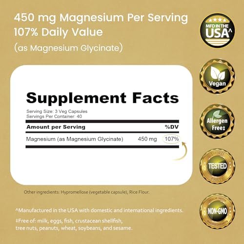 NaturaLife Labs Magnesium Glycinate - 450 mg per Serving – 120 Vegan Capsules - Non-GMO, Gluten-Free, Vegan