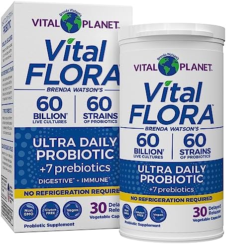 Vital Planet - Vital Flora Ultra Daily Probiotic 60 Billion CFU, 60 Diverse Strains, 7 Organic Prebiotics, Immune Support