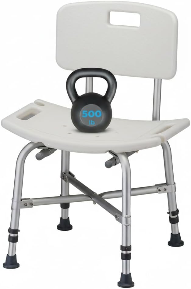 NOVA Heavy Duty Shower Chair, 500 lb Bariatric Bath Seat for Seniors, Fully Assembled, Adjustable Height 17"–23", Dual Handles, Handheld Shower Holder, Non-Slip Feet