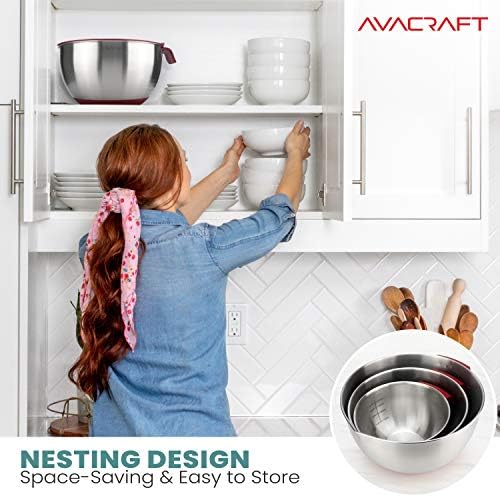 AVACRAFT 18/10 Stainless Steel Mixing Bowls with Lids, non slip silicone base bowls with Handle, Mixing Bowl Set with Pour Spouts & Measurement Marks, Home Essentials Cooking Bowls, (Red)