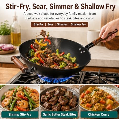 WANGYUANJI 12.6 Inch Cast Iron Wok with Wooden Lid, Handcrafted Flat Bottom Chinese Stir Fry Pan, Uncoated Heavy-Duty Iron Wok for Induction, Gas