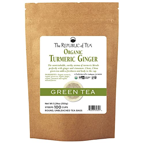 The Republic of Tea Organic Turmeric Ginger Green Tea, Low Caffeine, 50 Ct | A gentle cup for everyday sipping. Fresh and lightly vegetal with notes of warming spice and sweet cinnamon.