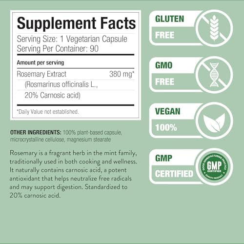 Nature Restore Rosemary Extract Supplement, Standardized to 20 Percent Carnosic Acid, 90 Capsules, Manufactured in USA, Non GMO, Gluten Free