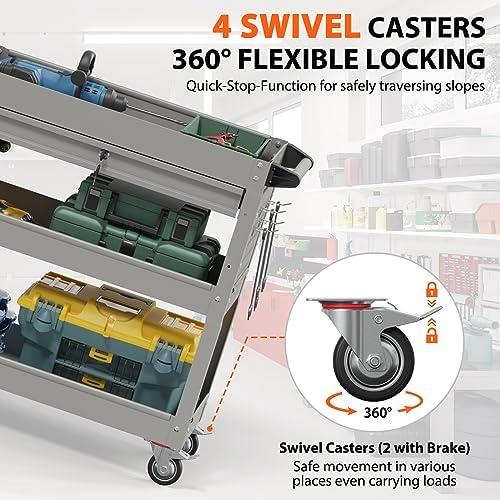 3-Tier Heavy Duty Utility Cart on Wheels, Rolling Tool Cart on Wheels with a Drawer, 350 Lbs Load Capacity Service Cart for Warehous, Garage and Repair Shop (Black)