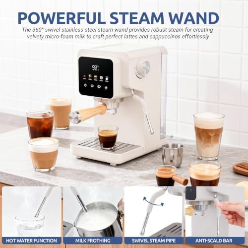 Touchscreen Espresso Machine with Steam Wand, 40.6oz Water Tank | Milk Frother for Cappuccino, Latte, Compact Design, Quick Thermoblock Heating System