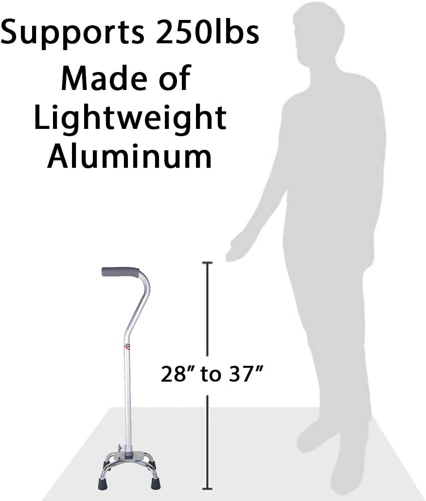 Carex Quad Cane with Small Base - Quad Walking Cane with Offset Cane Handle and Adjustable Height - 4 Tip Cane for Stability, Grey/Silver
