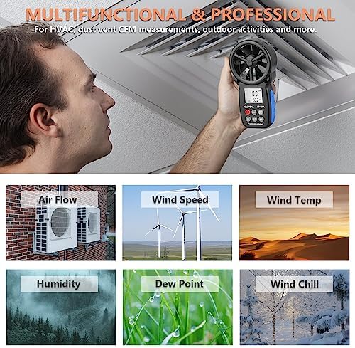 Holdpeak 866A Anemometer HVAC, Pro CFM Air Flow Meter for Wind Speed Temp Humidity Dew Point Airflow Measuring Device