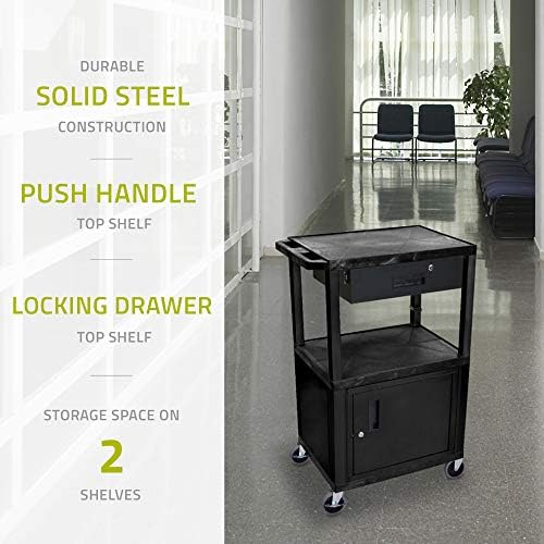 Luxor WT42C2E-B/WTD 42" H AV Cart - 3 Shelves Cab Drawer - Black, 4" Ball Bearing Casters with Two Locking Brake