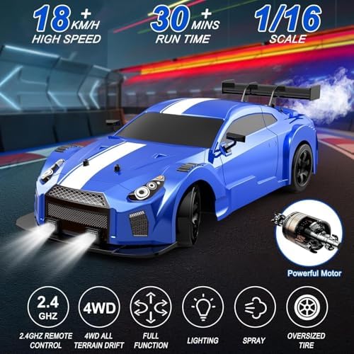Dollox RC Drift Car 1/16 Scale Remote Control Car 2.4GHz 4WD High Speed 18+KM/H Race Car with LED Light and Spray, Extra Drifting Tires Racing Vehicle Toy Birthday Gifts for Adults Boys, 2 Batteries