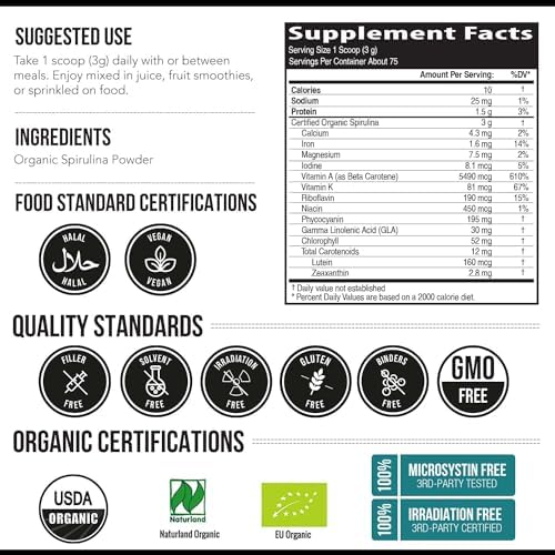 Organic Spirulina Powder – Made with Parry® Spirulina, Known for Superior Purity and Nutrient Density – Vegan Farming – Non-Irradiated – Blue-Green Algae Superfood Supplement – 75 Servings – 8 oz