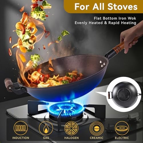 WANGYUANJI 12.6 Inch Cast Iron Wok with Wooden Lid, Handcrafted Flat Bottom Chinese Stir Fry Pan, Uncoated Heavy-Duty Iron Wok for Induction, Gas