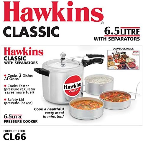 Hawkins 6.5 Litre Classic Pressure Cooker with Pots, Inner Lid Cooker with Separator Set, Silver (CL66)