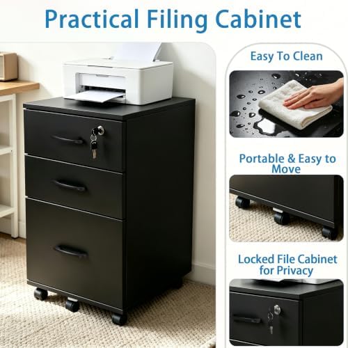File Cabinet With Lock, 3 Drawer Wood Rolling Filing Under Desk for Home Office, Storage Fits Letter/A4 Size, Mobile Printer Stand, White