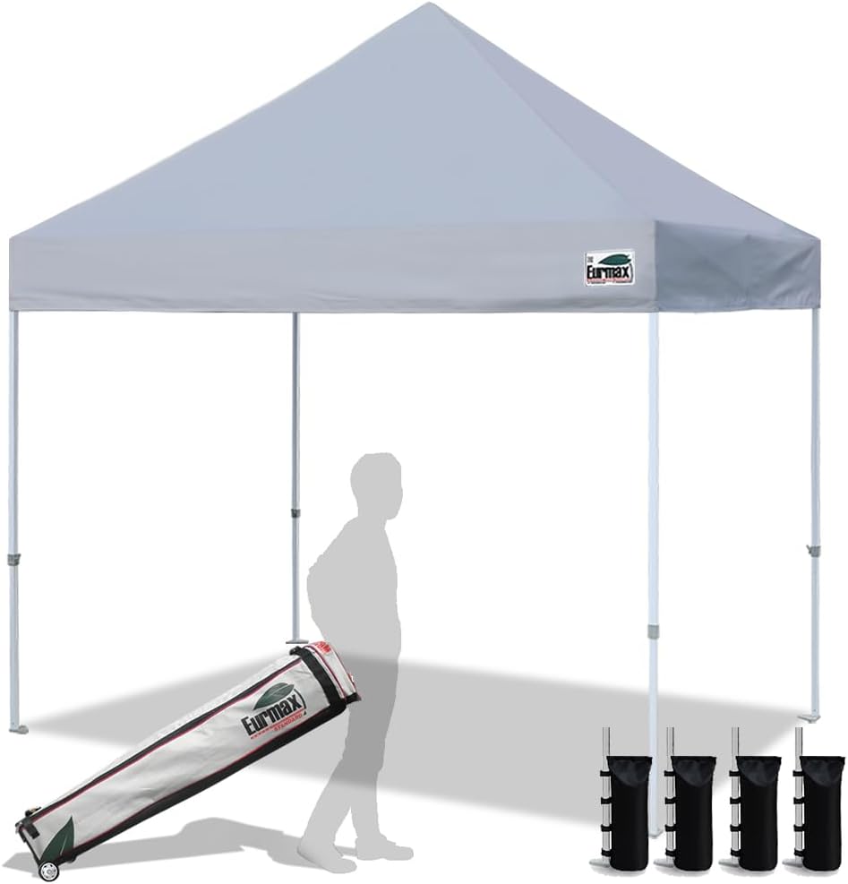 Eurmax USA 10x10ft Pop Up Canopy,Commercial Instant Tent for Outdoor Events,Patented No-Tip Rolling Storage Bag with 4 Sandbags,UV & Water Resistant,Heavy Duty Portable Shelter Gazebo,Black