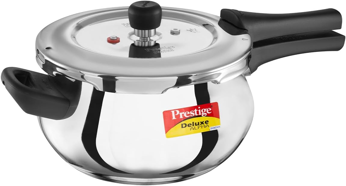 Prestige Deluxe Alpha Svachh Stainless Steel Pressure Cooker with Alpha Base and Deep Lid for Spillage Control, (4.0 L Junior Handi)