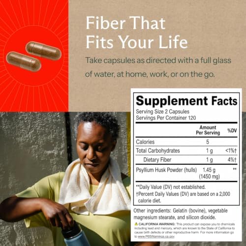 Premium Psyllium Husk Fiber Supplement 1450mg, 240 Capsules | 1,450 mg per 2-capsule serving; supports regularity & digestive health, with 120 servings and no powder mixing