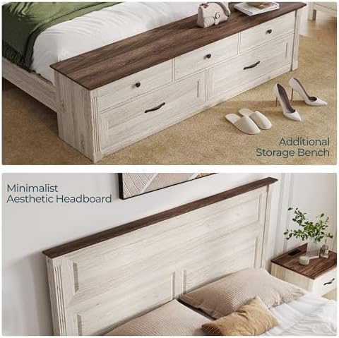 LINSY Storage Bed Frame Queen Bedframe with Drawers, Farmhouse Bed Frame Queen-Size with Headboard and Footboard Bench