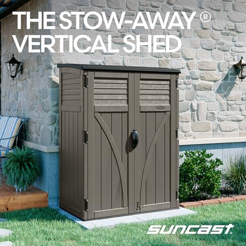 Suncast Outdoor Storage Shed, Water Resistant Resin Vertical Outdoor Storage Cabinet for Patio, Garden Tools, Cushions, & Equipment, Weatherproof Multi-Wall Design, 54 cu. ft., Made in USA